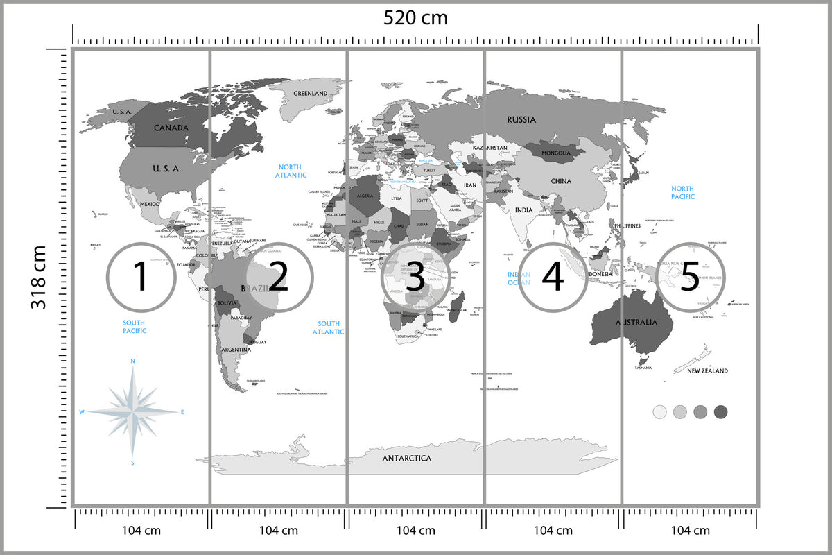 Fototapeta Mapa Świata Szara Z Państwami 520 × 318 cm – podgląd kadru