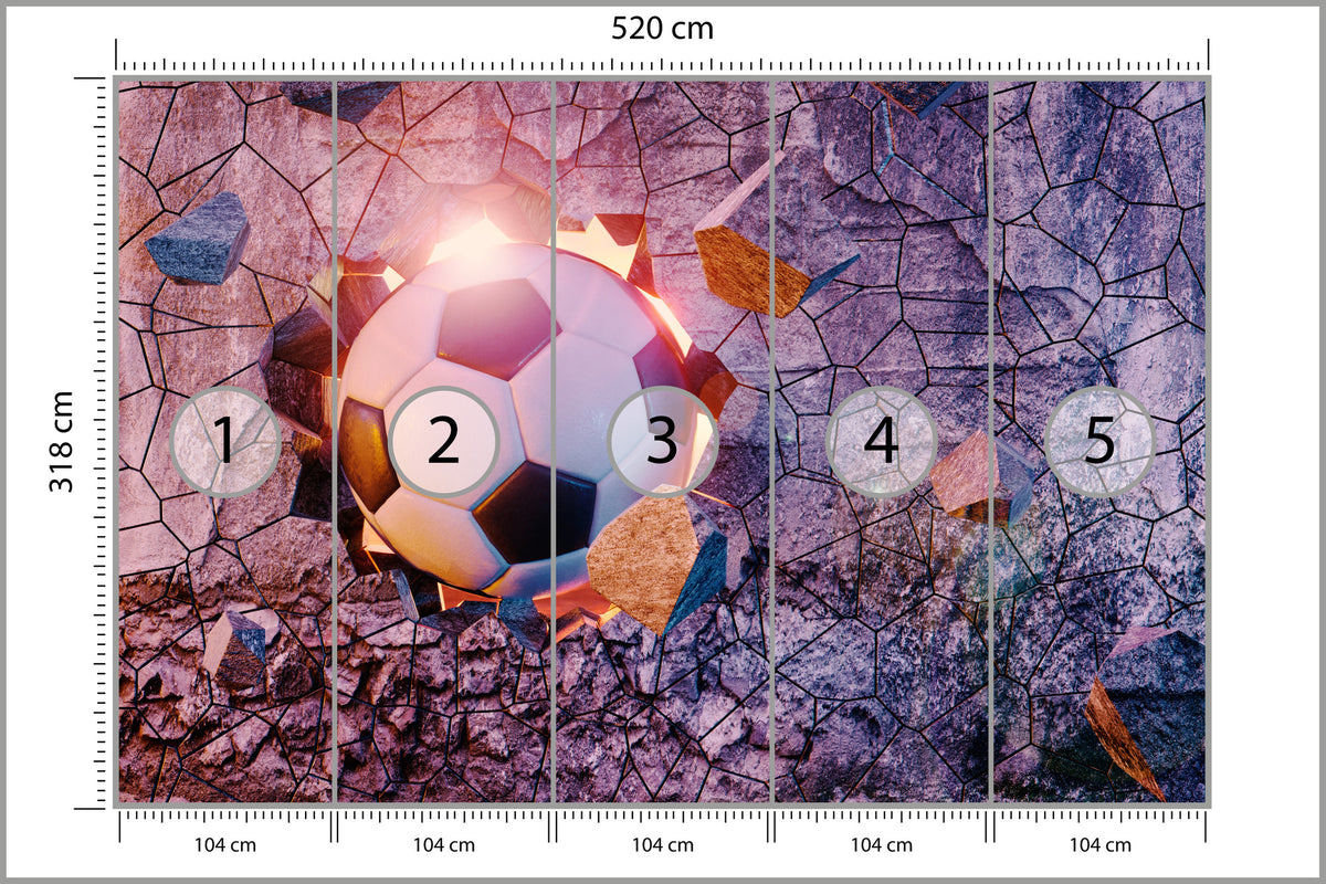 Fototapeta Sportowa 3D Piłka Przebijająca Mur 520 × 318 cm – podgląd kadru