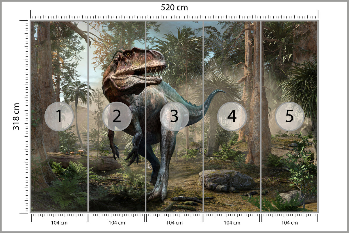 Fototapeta Realistyczny Dinozaur I Palmy 520 × 318 cm – podgląd kadru