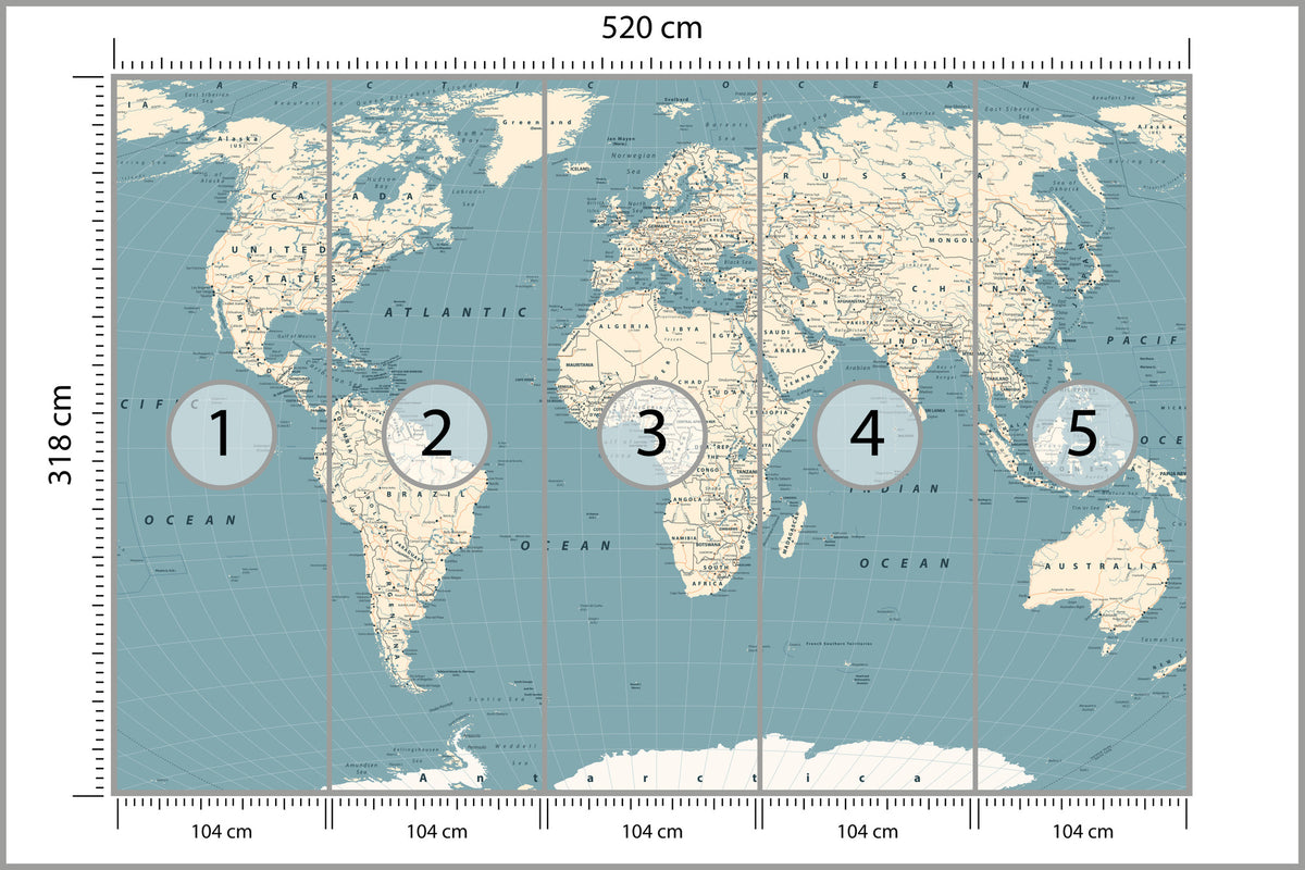 Fototapeta Mapa Świata Na Morskim Tle 520 × 318 cm – podgląd kadru