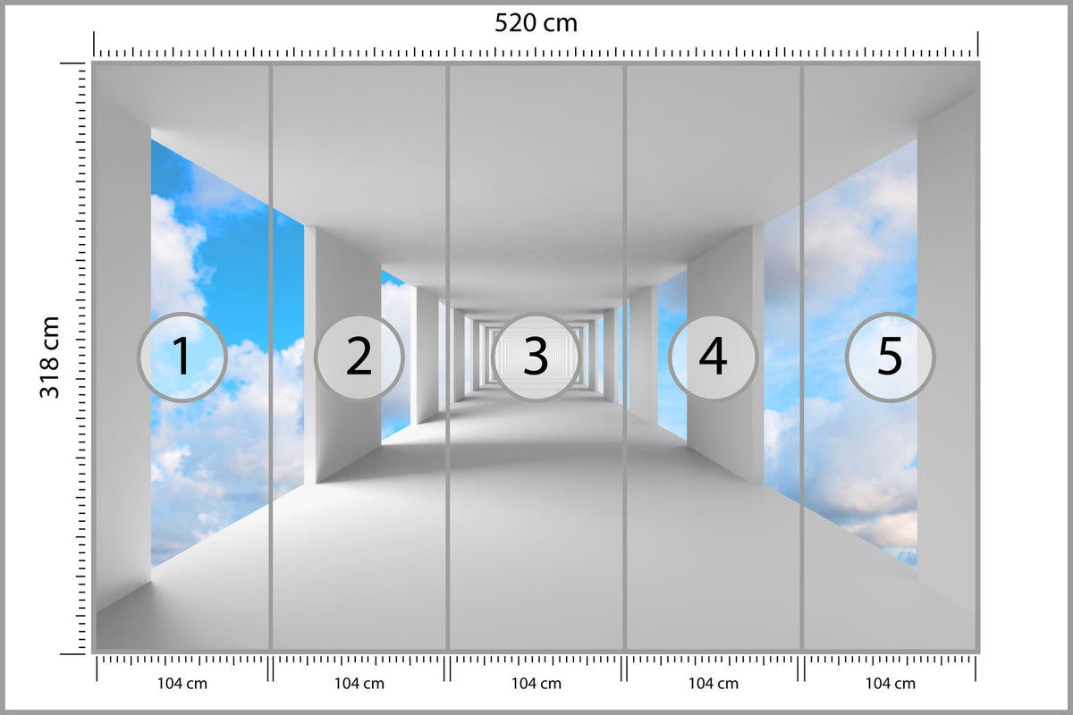 Fototapeta 3D Biały Korytarz Z Widokiem Na Niebo 520 × 318 cm – podgląd kadru