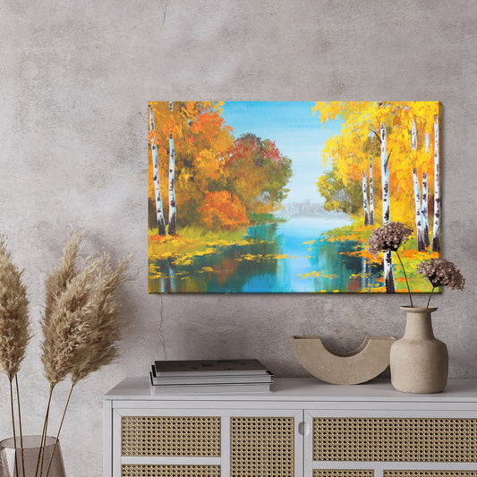 Obraz Na Płótnie Brzozowy Las Nad Rzeką – pejzaż w naturalnych barwach do wnętrz skandynawskich i japandi – widok 2