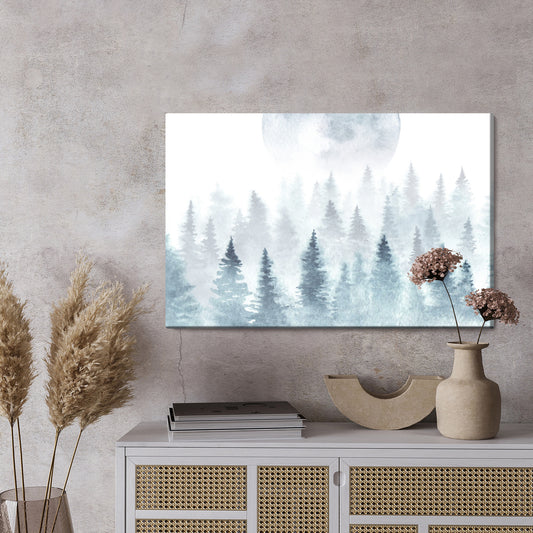 Obraz Na Płótnie Księżyc Nad Zamglonym Lasem – nastrojowa dekoracja ścienna do wnętrz skandynawskich i nowoczesnych – widok 2