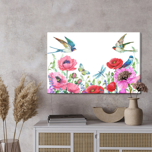 Obraz Na Płótnie Maki i Jaskółki – subtelna kompozycja w delikatnych kolorach do wnętrz vintage i shabby chic – widok 2
