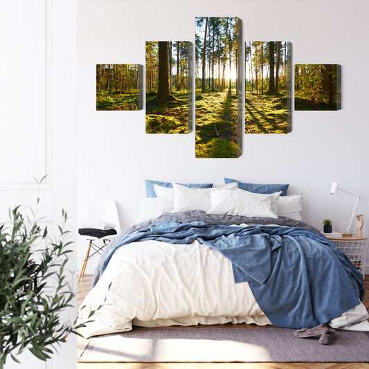 Obraz Wieloczęściowy Leśny Zachód Słońca – nastrojowa panorama do wnętrz naturalnych, boho i nowoczesnych – widok 2