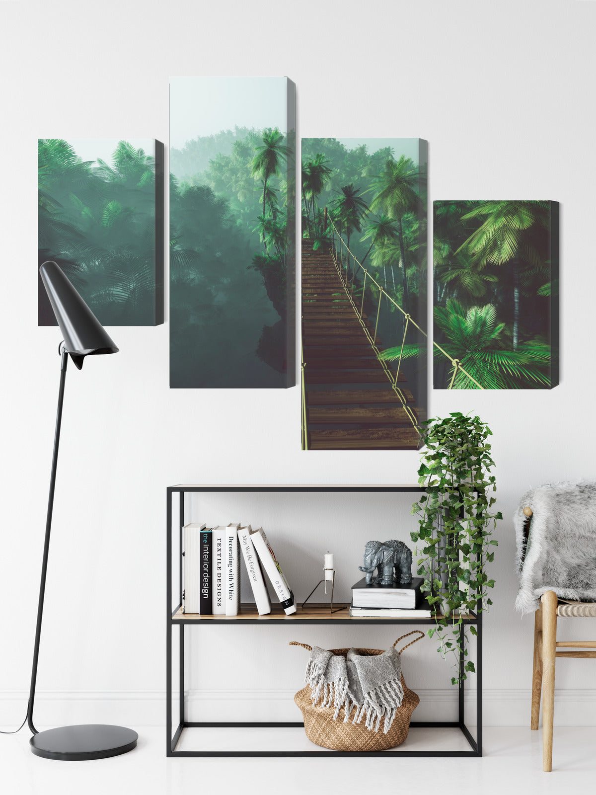 Obraz Wieloczęściowy Most Linowy w Dżungli – Tropikalna Głębokość do wnętrz Boho, Eklektycznych i Modern Tropical – widok 8