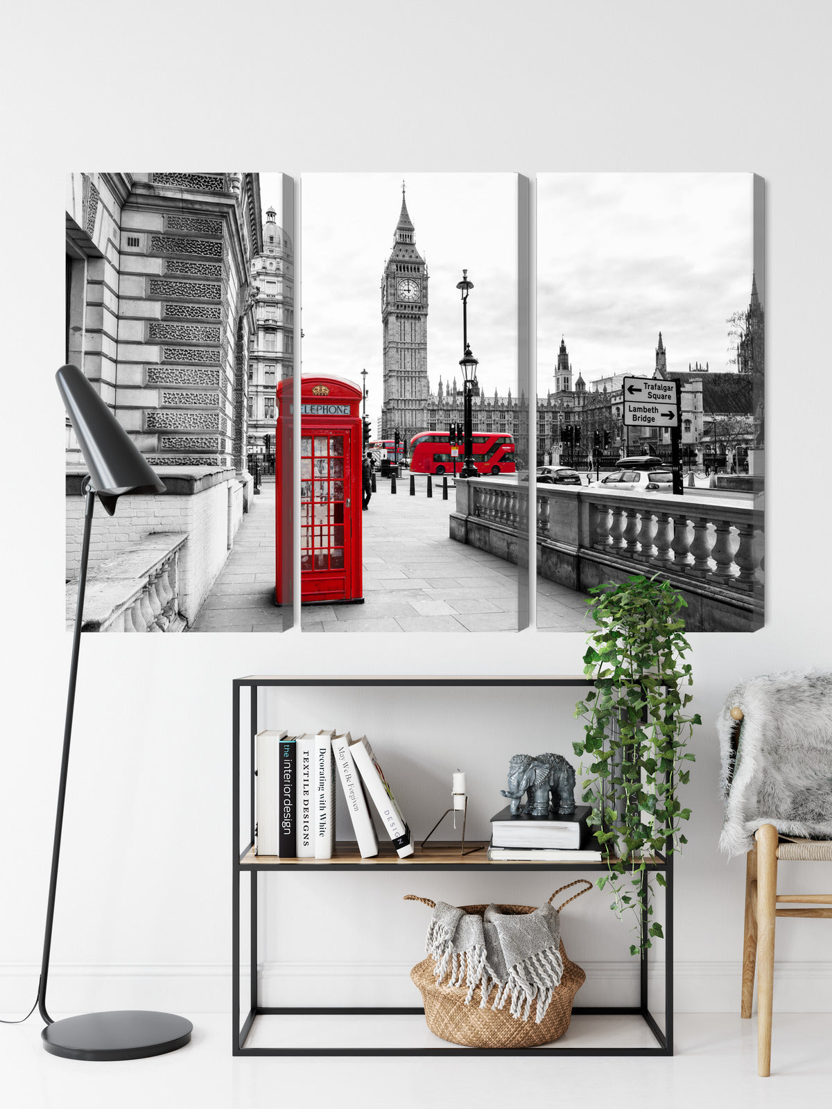 Obraz Wieloczęściowy Londyńska Budka i Big Ben – miejski akcent do wnętrz industrialnych i nowoczesnych – widok 8