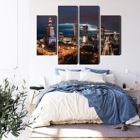 Obraz Wieloczęściowy Panorama Nocna Warszawy – miejski blask do wnętrz nowoczesnych, industrialnych, loft – widok 2