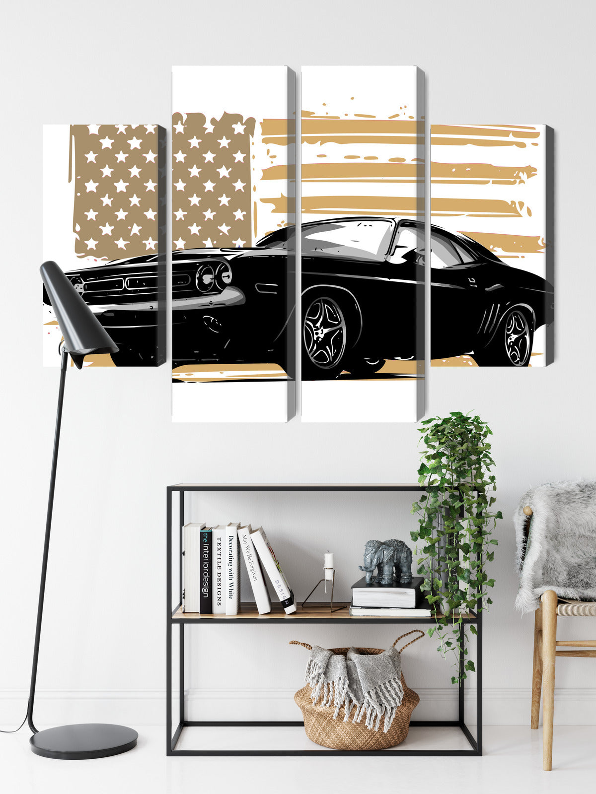 Obraz Wieloczęściowy Muscle Car z Flagą USA – ikona mocy do wnętrz industrialnych i nowoczesnych – widok 8