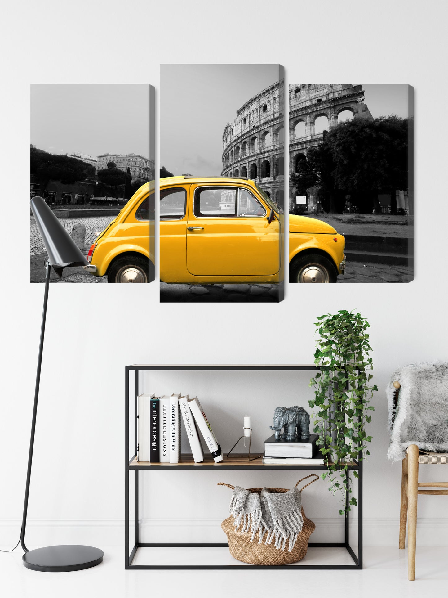 Obraz Wieloczęściowy Żółty Samochód Retro Rzym – słoneczna podróż do wnętrz vintage, loft, klasycznych – widok 8