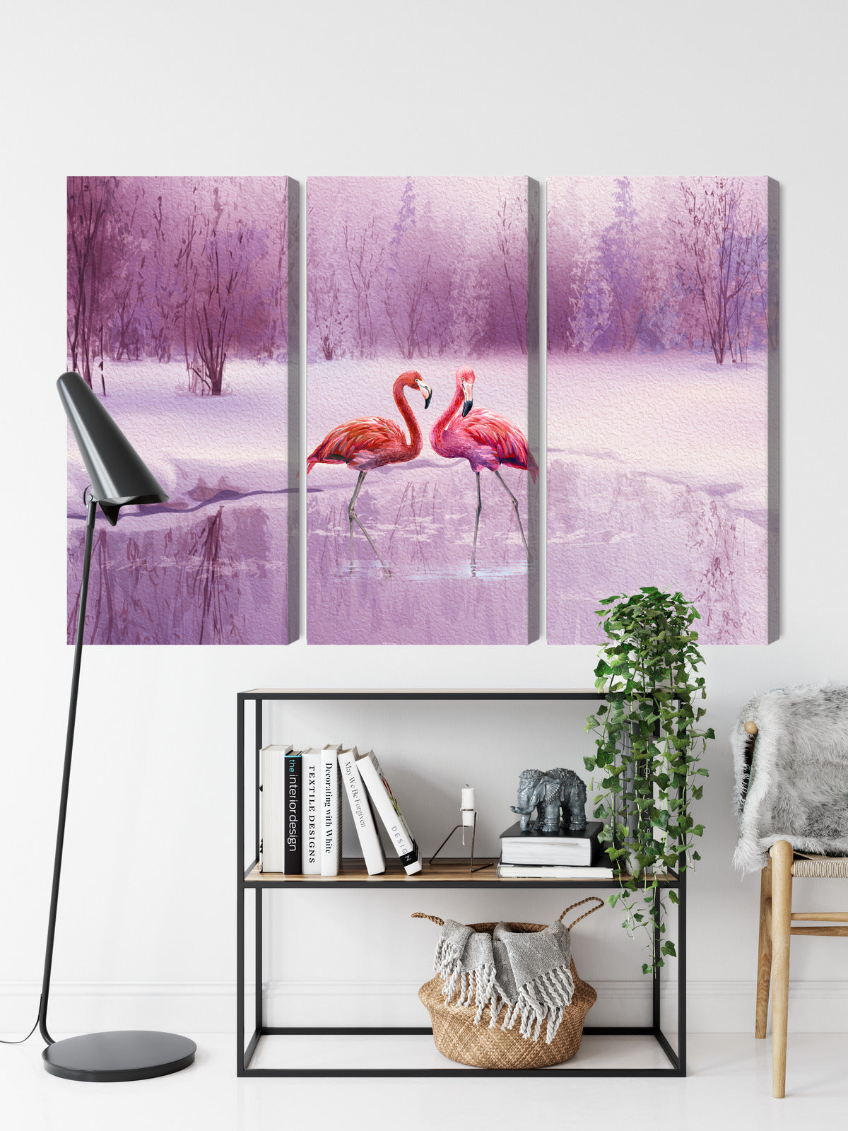 Obraz Wieloczęściowy Flamingi w Fiolecie – egzotyczna panorama do wnętrz Boho, Nowoczesnych, Eklektycznych – widok 8
