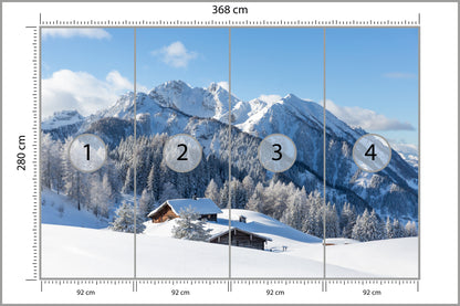 Fototapeta Zima W Górach Z Chatką 368 × 280 cm – podgląd kadru