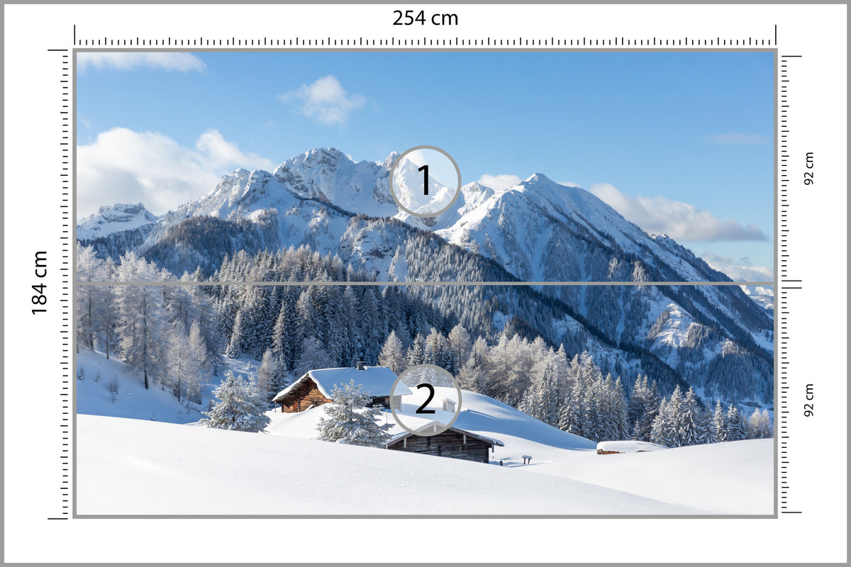 Fototapeta Zima W Górach Z Chatką 254 × 184 cm – podgląd kadru