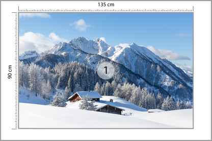 Fototapeta Zima W Górach Z Chatką 135 × 90 cm – podgląd kadru