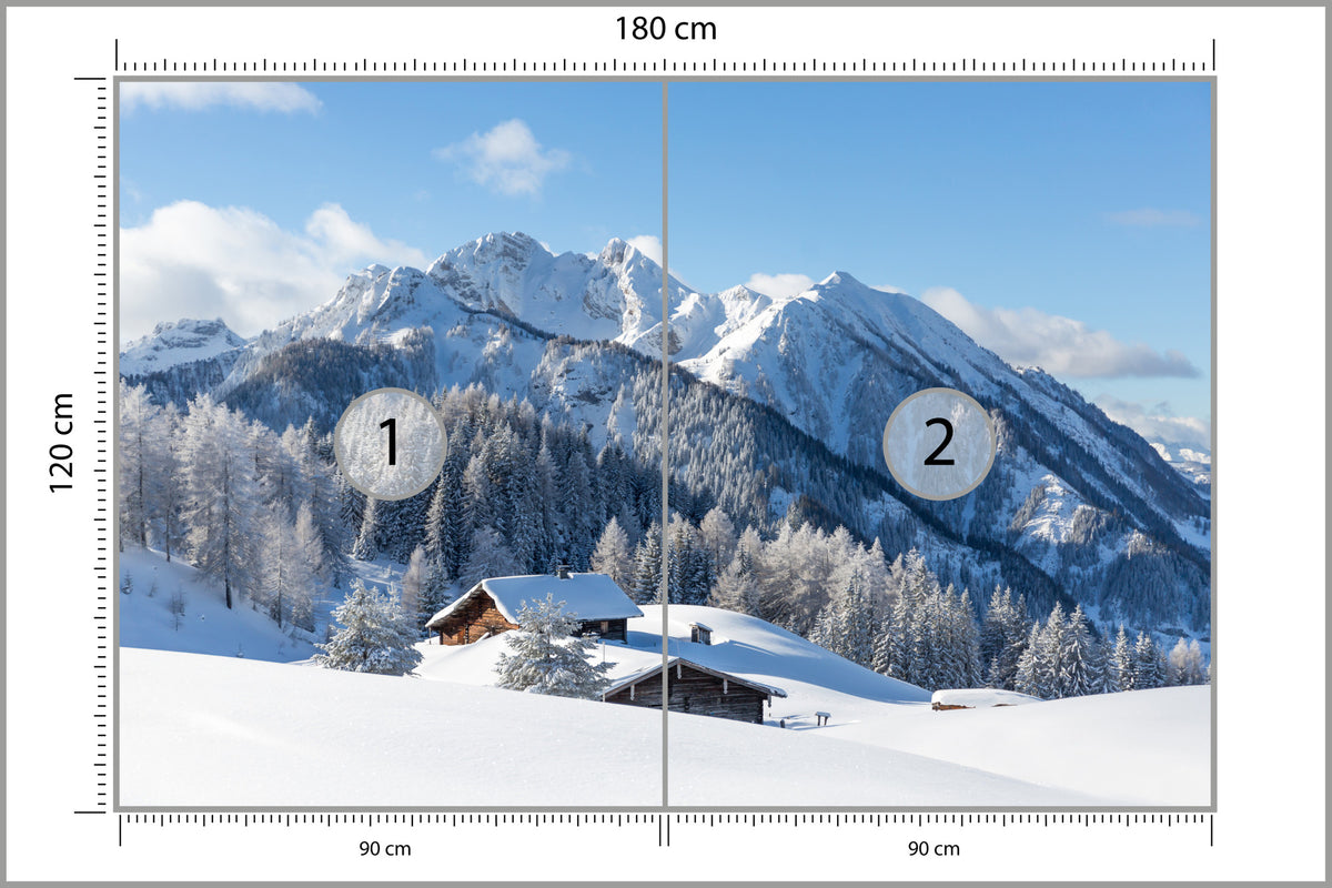Fototapeta Zima W Górach Z Chatką 180 × 120 cm – podgląd kadru