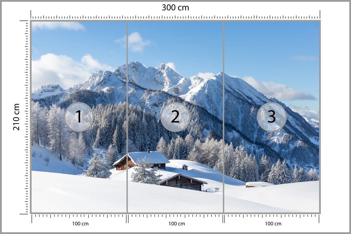 Fototapeta Zima W Górach Z Chatką 300 × 210 cm – podgląd kadru
