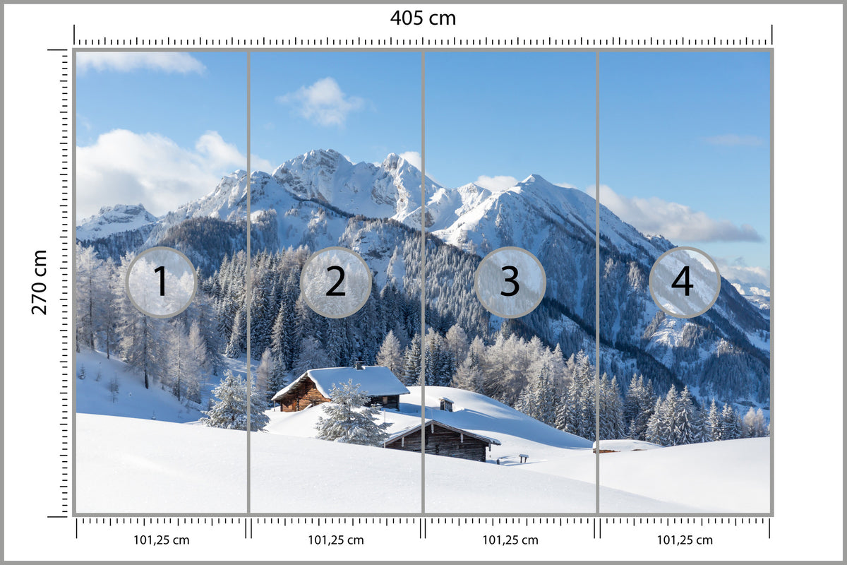 Fototapeta Zima W Górach Z Chatką 405 × 270 cm – podgląd kadru