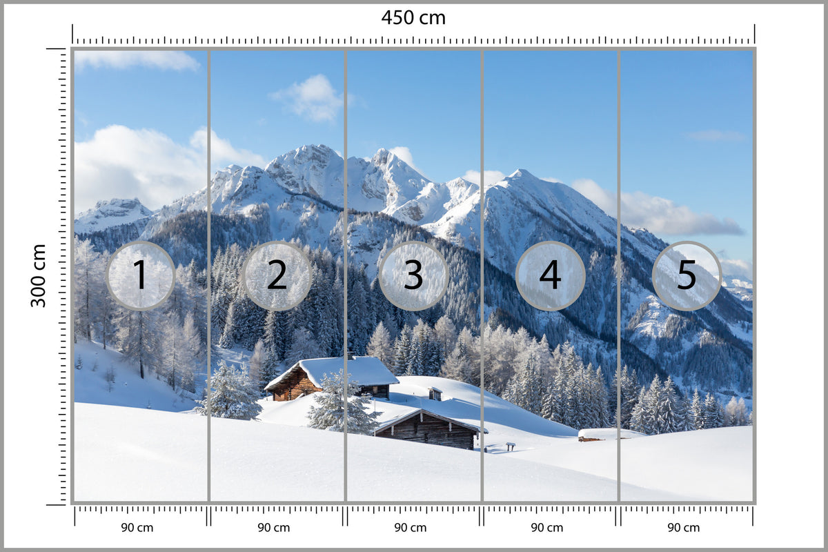 Fototapeta Zima W Górach Z Chatką 450 × 300 cm – podgląd kadru