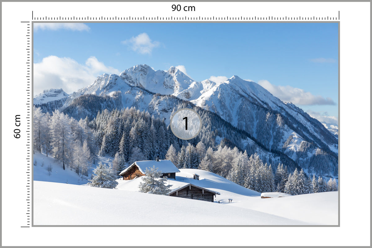 Fototapeta Zima W Górach Z Chatką 90 × 60 cm – podgląd kadru