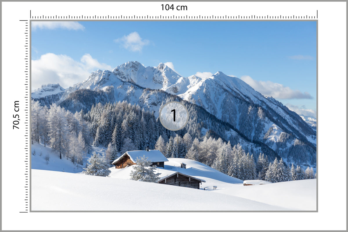 Fototapeta Zima W Górach Z Chatką 104 × 70,5 cm – podgląd kadru
