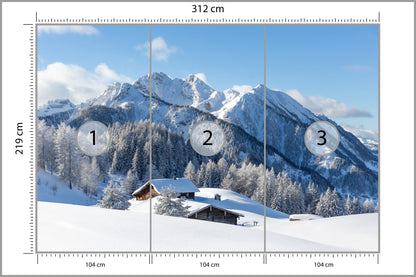 Fototapeta Zima W Górach Z Chatką 312 × 219 cm – podgląd kadru
