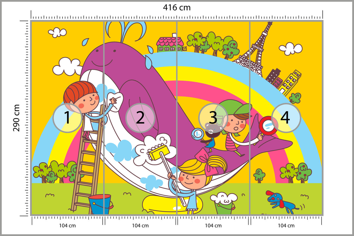 Fototapeta Dla Dzieci - Dzieci I Wieloryb 416 × 290 cm – podgląd kadru