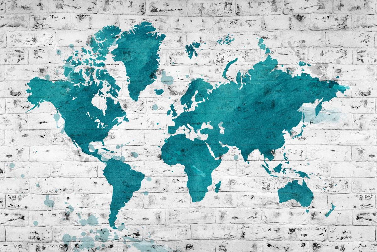 Fototapeta Mapa Świata Turkusowa Na Cegle – wzór