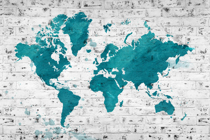 Fototapeta Mapa Świata Turkusowa Na Cegle – wzór
