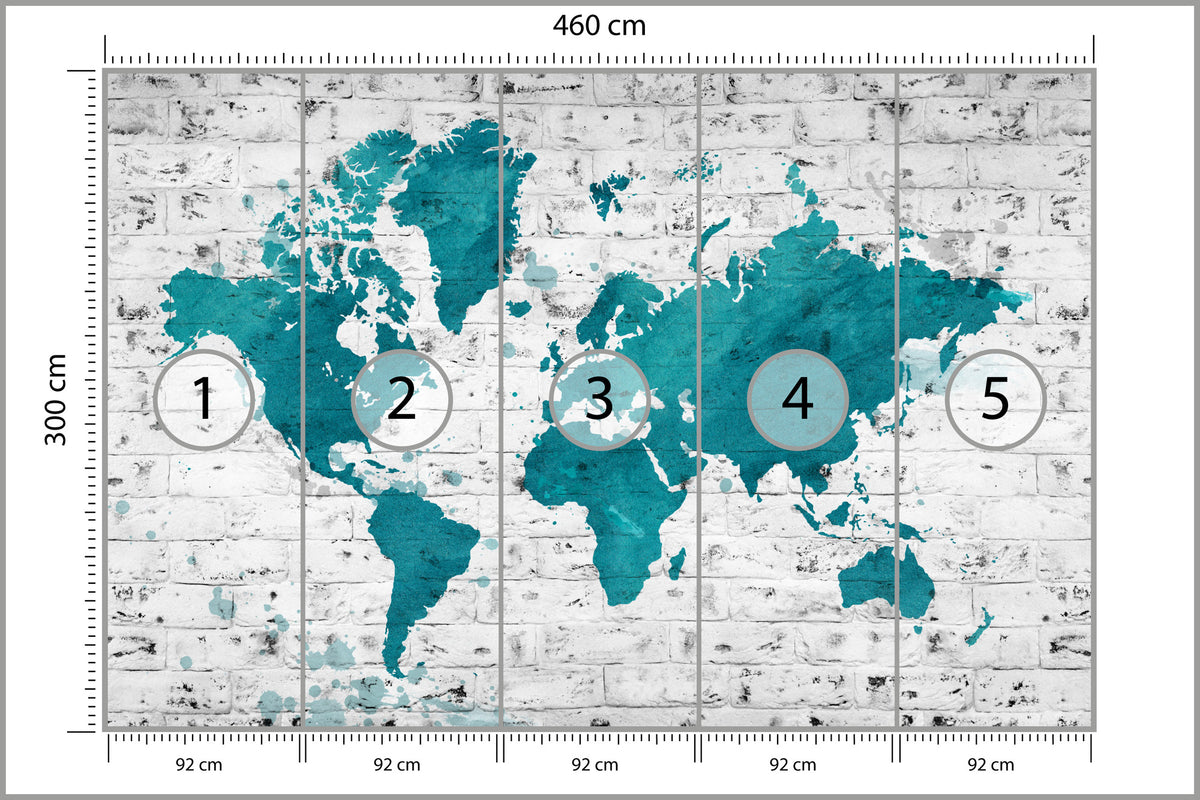 Fototapeta Mapa Świata Turkusowa Na Cegle 460 × 300 cm – podgląd kadru