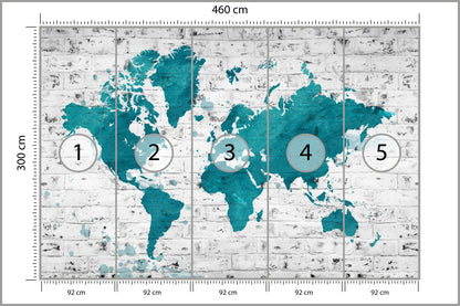 Fototapeta Mapa Świata Turkusowa Na Cegle 460 × 300 cm – podgląd kadru