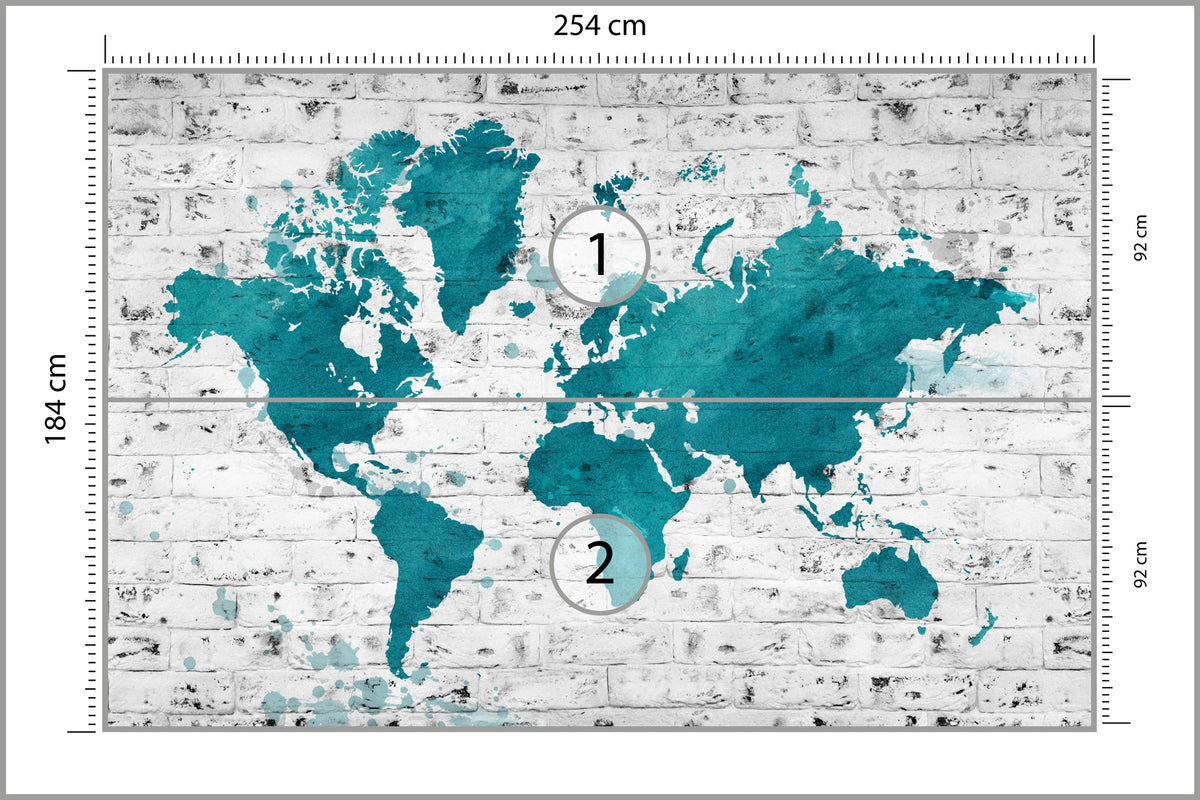 Fototapeta Mapa Świata Turkusowa Na Cegle 254 × 184 cm – podgląd kadru