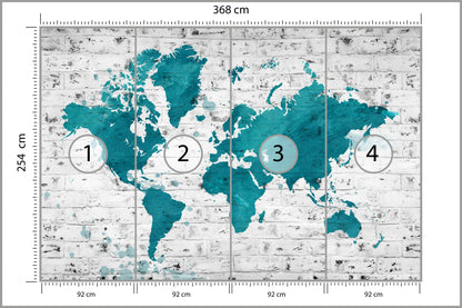 Fototapeta Mapa Świata Turkusowa Na Cegle 368 × 254 cm – podgląd kadru