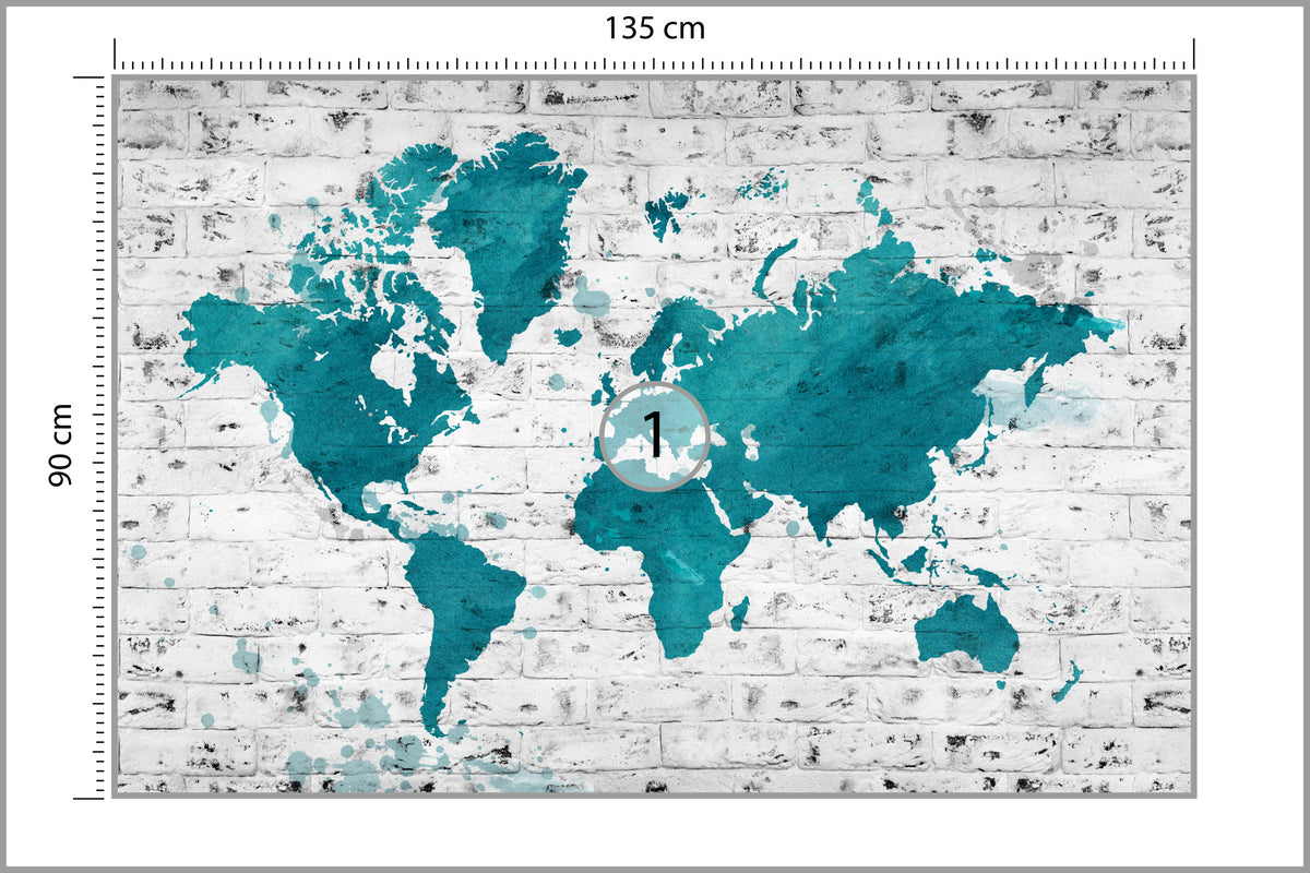 Fototapeta Mapa Świata Turkusowa Na Cegle 135 × 90 cm – podgląd kadru