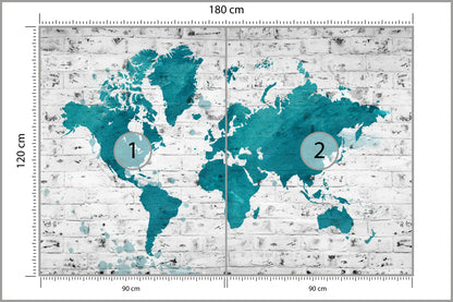 Fototapeta Mapa Świata Turkusowa Na Cegle 180 × 120 cm – podgląd kadru