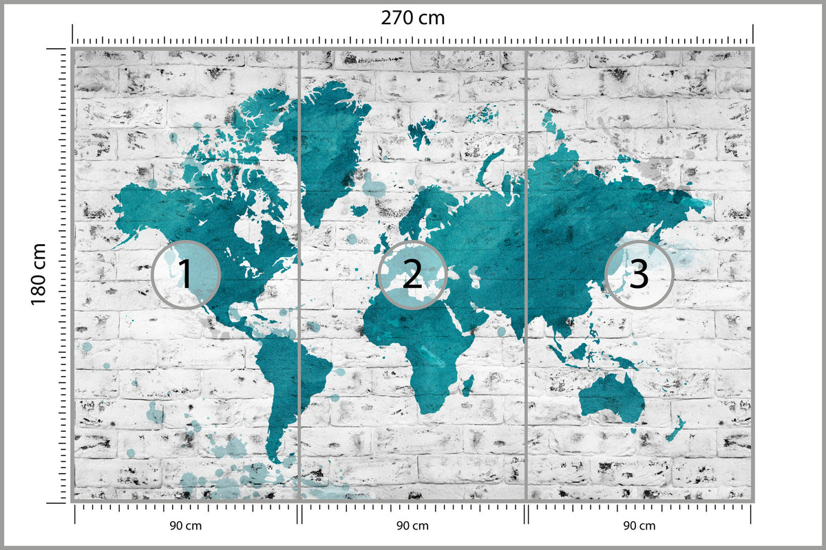 Fototapeta Mapa Świata Turkusowa Na Cegle 270 × 180 cm – podgląd kadru