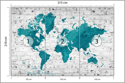 Fototapeta Mapa Świata Turkusowa Na Cegle 315 × 210 cm – podgląd kadru
