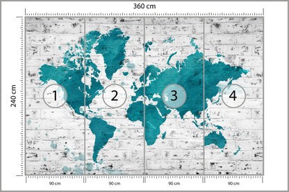 Fototapeta Mapa Świata Turkusowa Na Cegle 360 × 240 cm – podgląd kadru