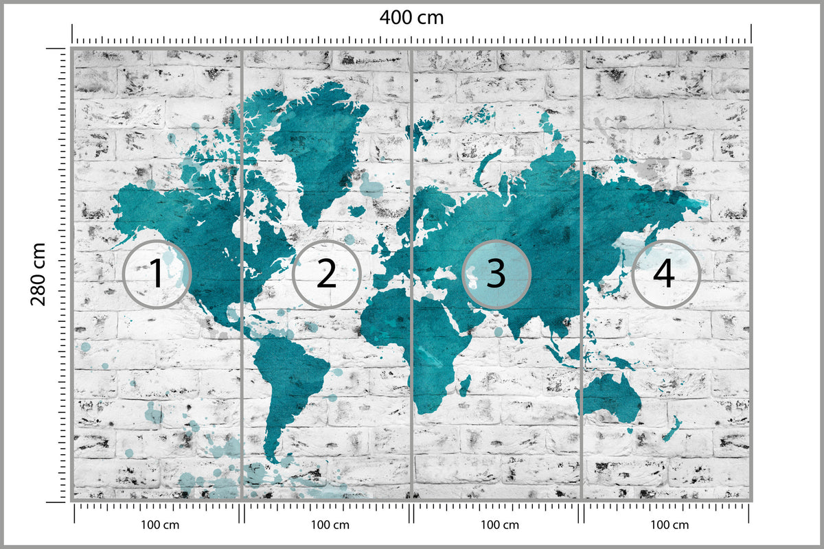 Fototapeta Mapa Świata Turkusowa Na Cegle 400 × 280 cm – podgląd kadru