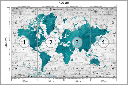 Fototapeta Mapa Świata Turkusowa Na Cegle 400 × 280 cm – podgląd kadru