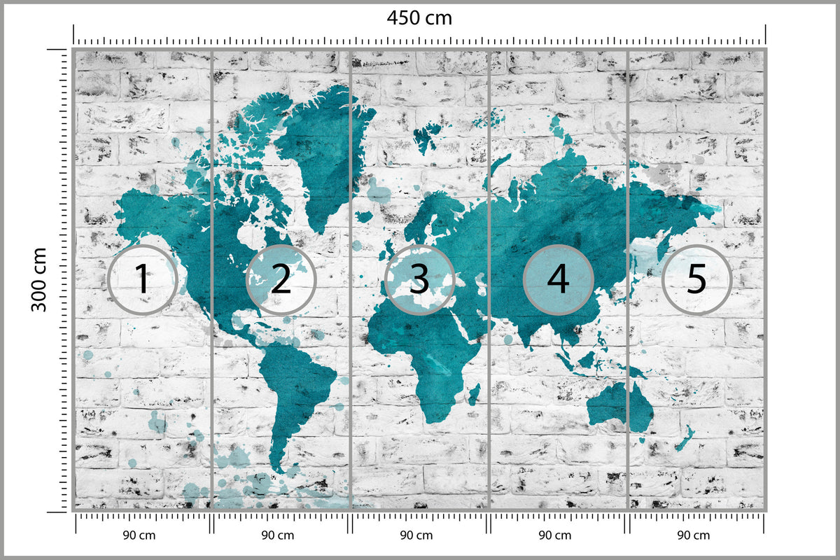 Fototapeta Mapa Świata Turkusowa Na Cegle 450 × 300 cm – podgląd kadru