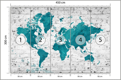 Fototapeta Mapa Świata Turkusowa Na Cegle 450 × 300 cm – podgląd kadru