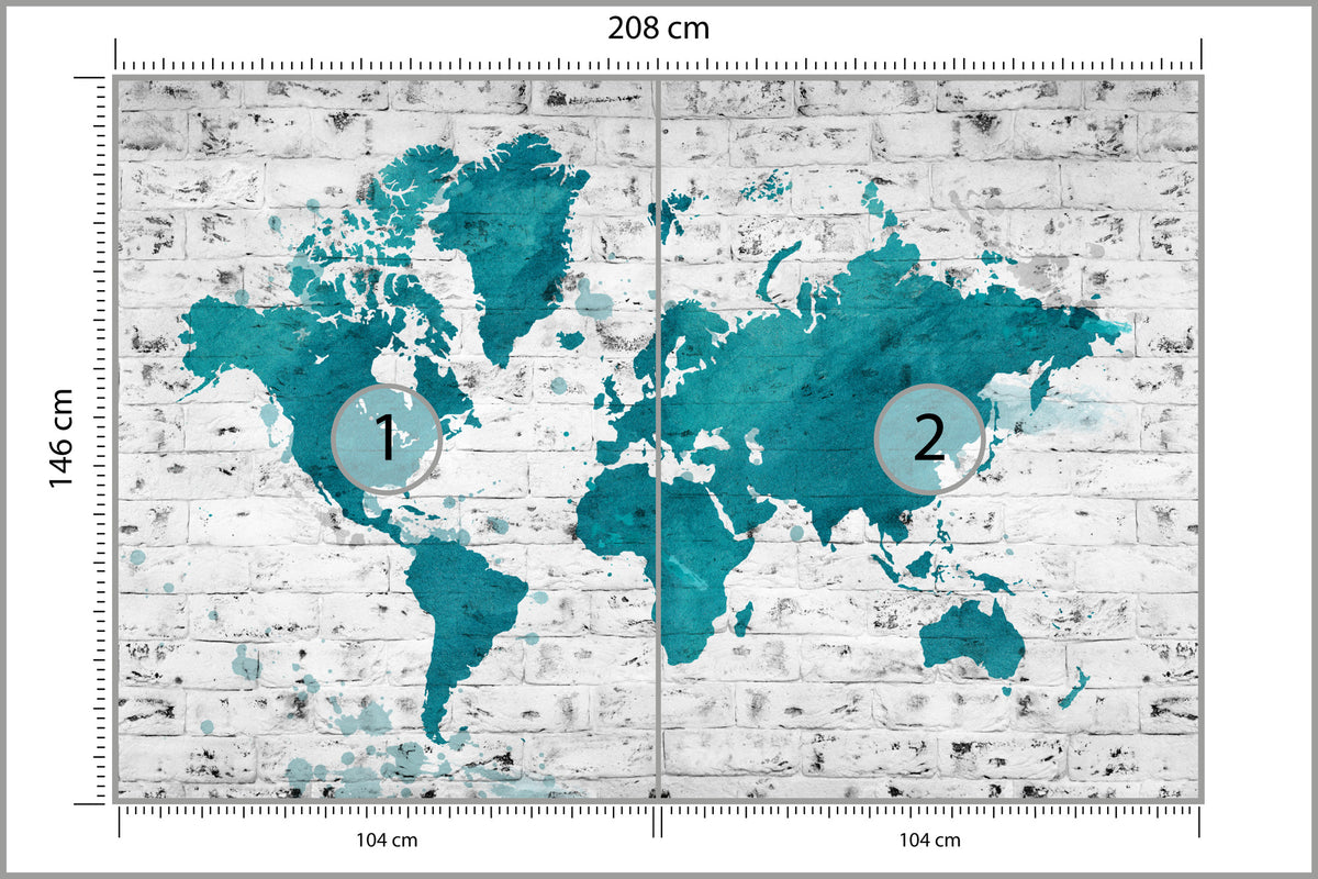 Fototapeta Mapa Świata Turkusowa Na Cegle 208 × 146 cm – podgląd kadru