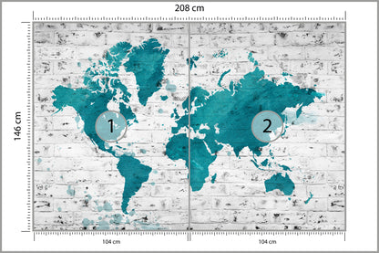 Fototapeta Mapa Świata Turkusowa Na Cegle 208 × 146 cm – podgląd kadru
