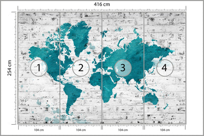 Fototapeta Mapa Świata Turkusowa Na Cegle 416 × 254 cm – podgląd kadru