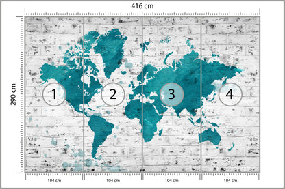 Fototapeta Mapa Świata Turkusowa Na Cegle 416 × 290 cm – podgląd kadru