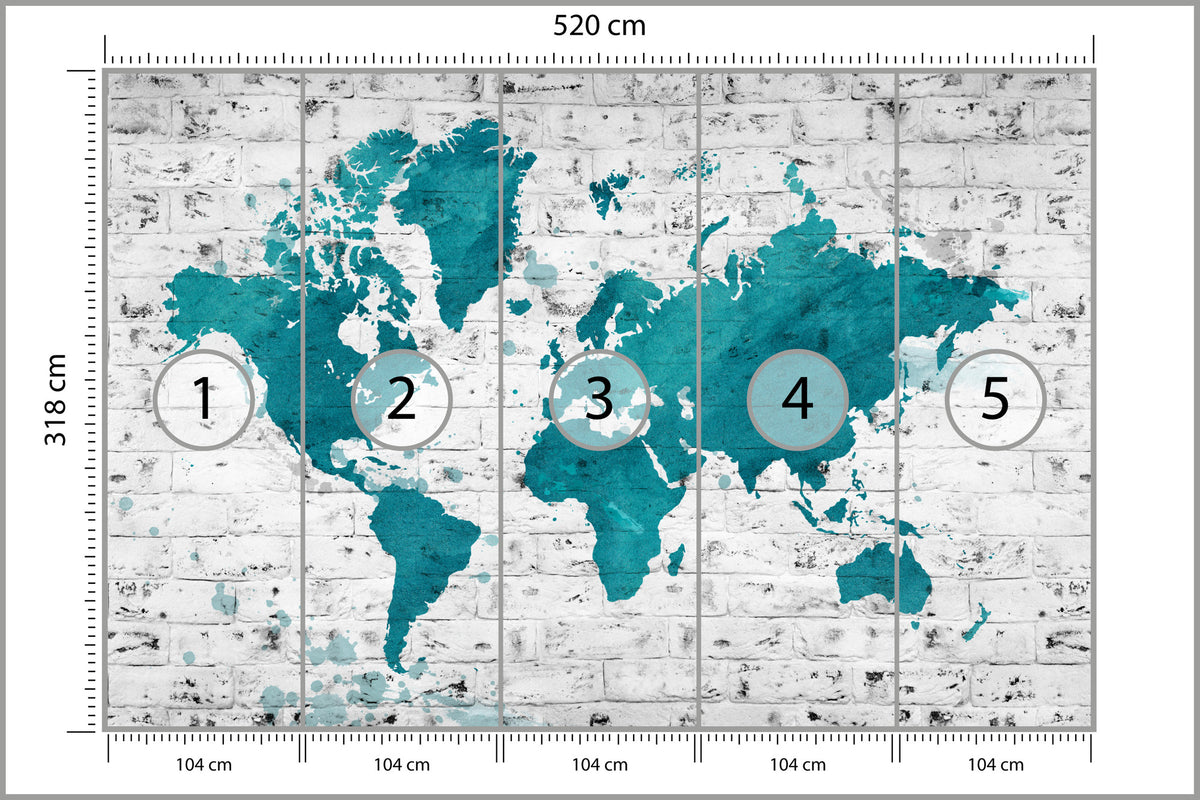 Fototapeta Mapa Świata Turkusowa Na Cegle 520 × 318 cm – podgląd kadru