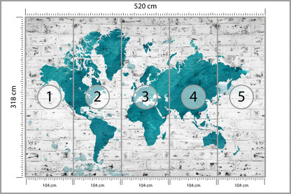 Fototapeta Mapa Świata Turkusowa Na Cegle 520 × 318 cm – podgląd kadru
