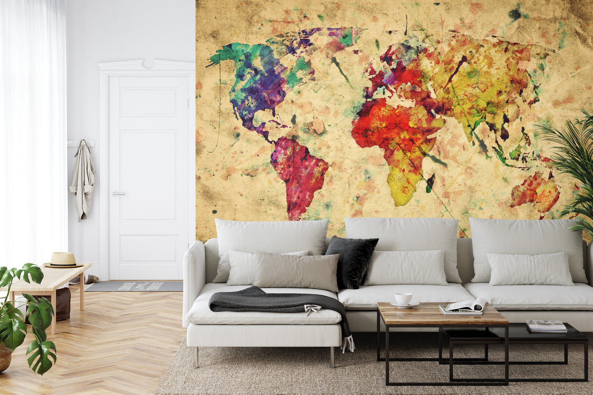 Fototapeta Mapa Świata Kolorowa Retro – aranżacja wnętrza