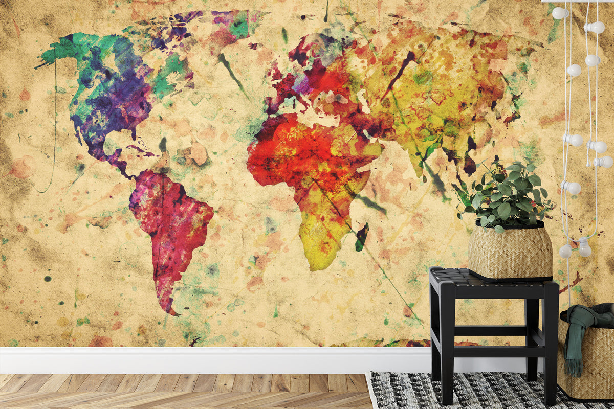 Fototapeta Mapa Świata Kolorowa Retro – aranżacja wnętrza