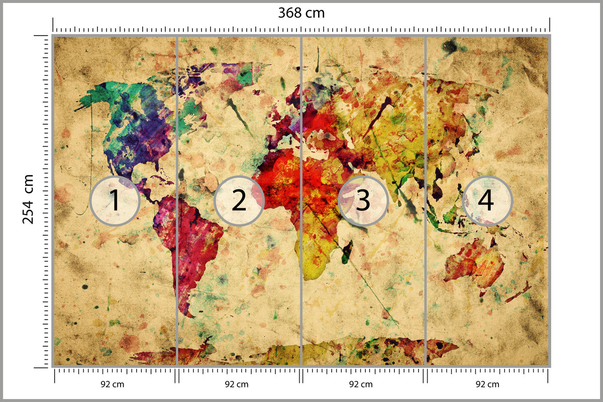 Fototapeta Mapa Świata Kolorowa Retro 368 × 254 cm – podgląd kadru